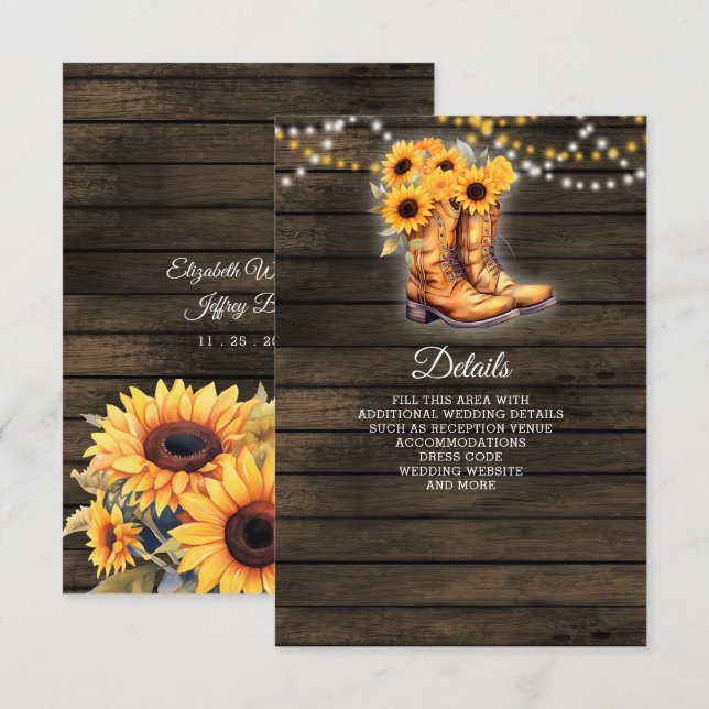 Sunflowers Cowboy Boots Barn Wood Western Wedding Enclosure Card (Front/Back)