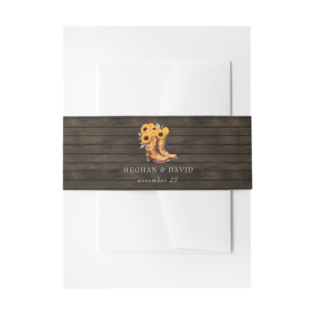 Sunflowers Cowboy Boots Barn Wood Western Wedding Invitation Belly Band (Front Example)