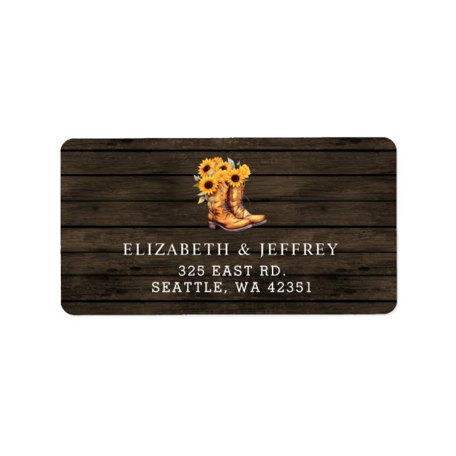 Sunflowers Cowboy Boots Barn Wood Western Wedding Label (Front)