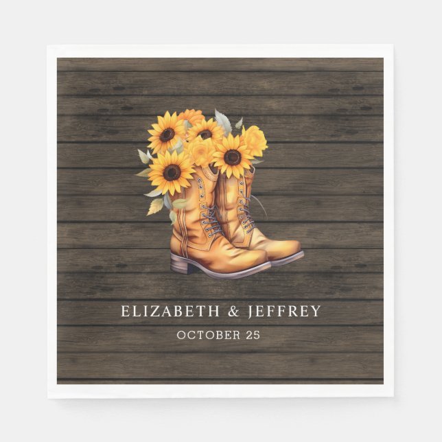 Sunflowers Cowboy Boots Barn Wood Western Wedding Napkin (Front)