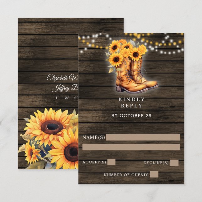 Sunflowers Cowboy Boots Barn Wood Western Wedding  RSVP Card (Front/Back)
