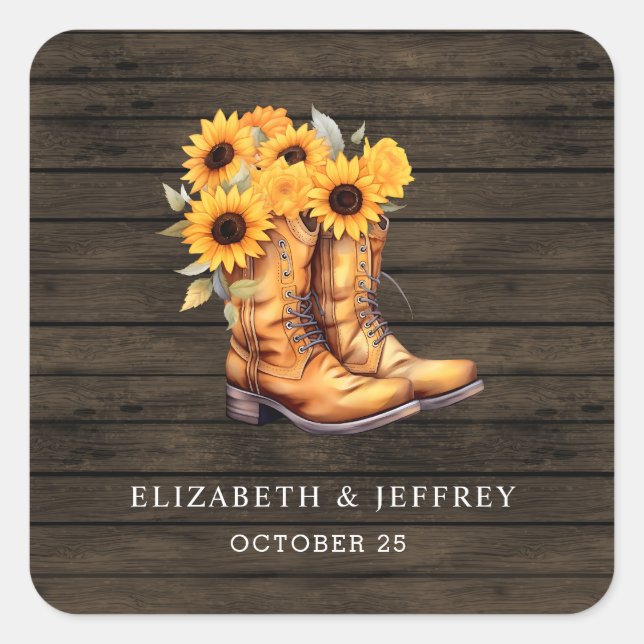Sunflowers Cowboy Boots Barn Wood Western Wedding Square Sticker (Front)
