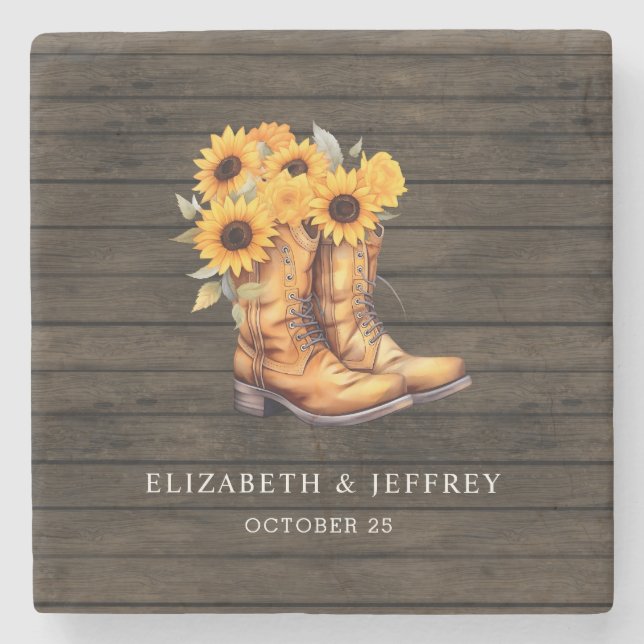 Sunflowers Cowboy Boots Barn Wood Western Wedding Stone Coaster (Front)