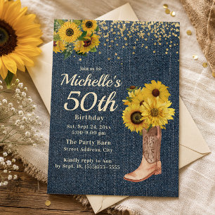 Sunflowers Cowboy Boots Blue Denim 50th Birthday Invitation