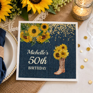 Sunflowers Cowboy Boots Blue Denim 50th Birthday Napkin
