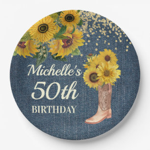 Sunflowers Cowboy Boots Blue Denim 50th Birthday Paper Plate