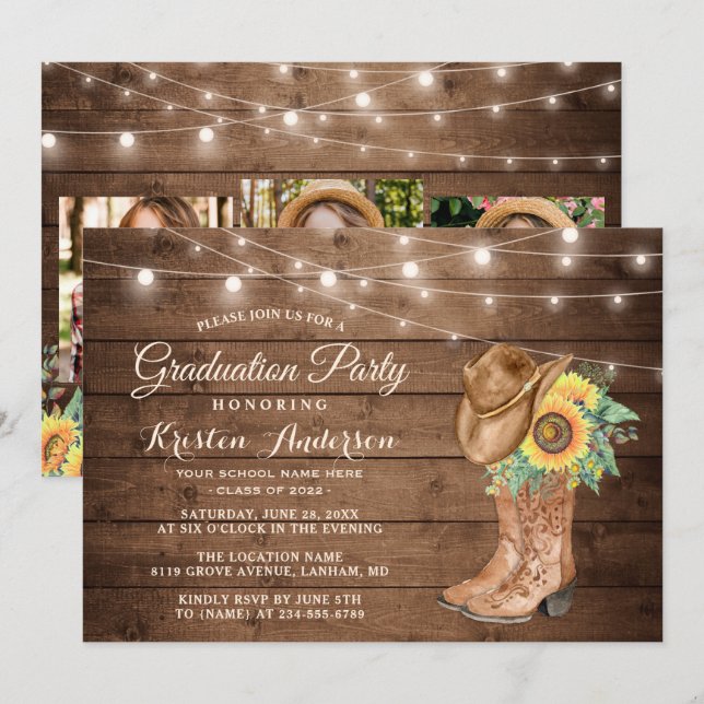 Sunflowers Cowgirl Boots 3 Photos Graduation Party Invitation (Front/Back)