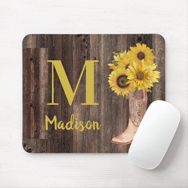 Sunflowers Cowgirl Boots Rustic Wood Monogram Mouse Mat (With Mouse)