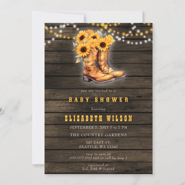 Sunflowers Cowgirl Boots Western Baby Shower Invitation (Front)