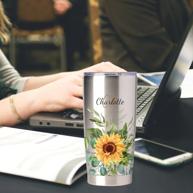 Sunflowers custom monogram initials name insulated tumbler (Creator Uploaded)