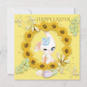 Sunflowers Cute Bunny Eggs Happy Easter Yellow Holiday Card