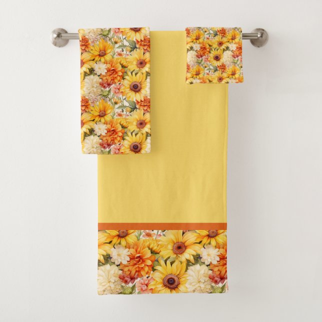 Sunflowers, Dahlias, Hydrangeas, Peonies Fall Bath Towel Set (Insitu)