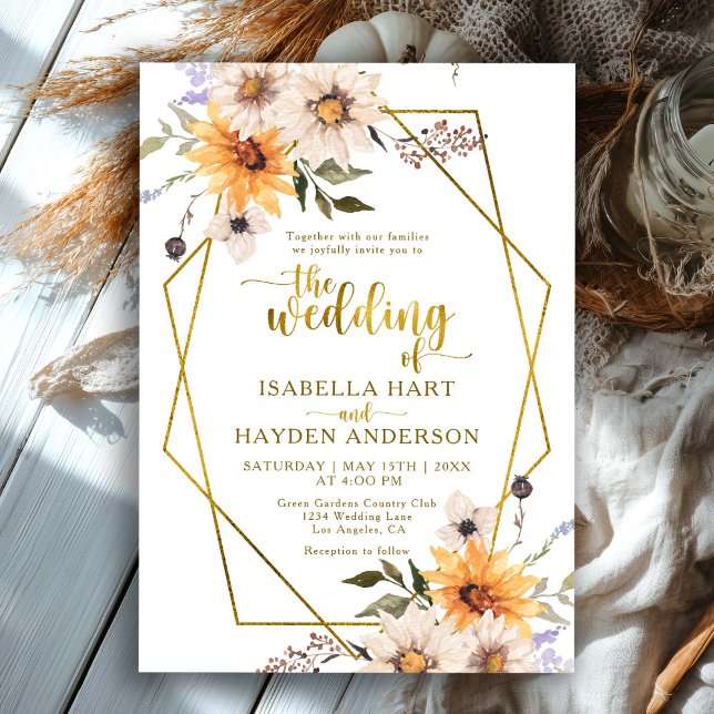 Sunflowers Daisies Fall Floral Gold Frame Wedding Invitation (Creator Uploaded)