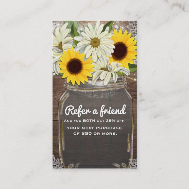 Sunflowers & Daisies Mason Jar Refer a Friend Referral Card (Front)