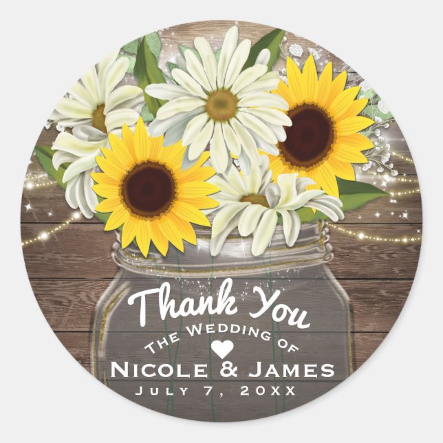 Sunflowers & Daisies Mason Jar Sparkle Rustic Chic Classic Round Sticker (Front)