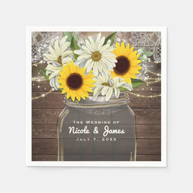 Sunflowers & Daisies Mason Jar Sparkle Rustic Chic Napkin (Front)