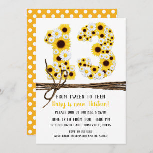 Sunflowers & Daisies THIRTEEN 13 13TH Birthday Invitation