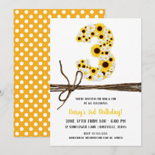 Sunflowers & Daisies THREE 3 3RD Birthday Party Invitation