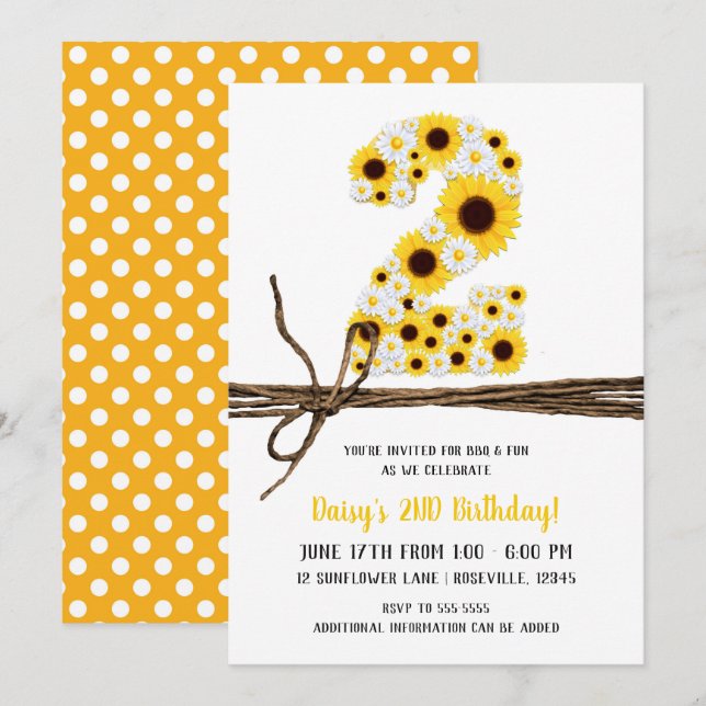 Sunflowers & Daisies TWO 2 2ND Birthday Party Invitation (Front/Back)