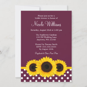 Sunflowers Deep Mulberry Polka Dot Bridal Shower Invitation