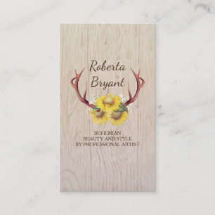 Sunflowers Deer Antlers Rustic Country Floral Wood Business Card