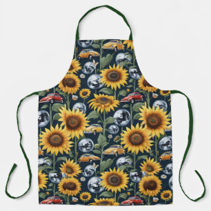Sunflowers Disco Balls and Vintage Beetle Bug Cars Apron