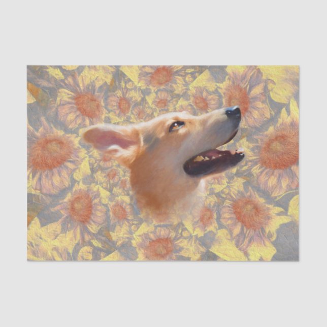 Sunflowers Dog Cute Yellow Floral Elegant Fine Art Tissue Paper (Front)