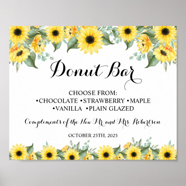 Sunflowers Doughnut Bar Bridal Shower Wedding Sign (Front)
