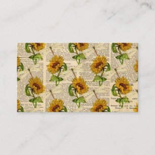 Sunflowers Dragonflies Old Newspaper Country Style Business Card