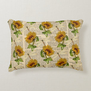 Sunflowers Dragonflies Old Newspaper Country Style Decorative Cushion