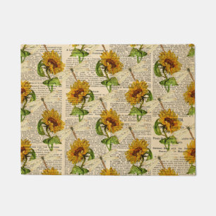 Sunflowers Dragonflies Old Newspaper Country Style Doormat