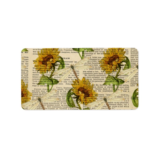 Sunflowers Dragonflies Old Newspaper Country Style Label (Front)