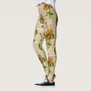 Sunflowers Dragonflies Old Newspaper Country Style Leggings