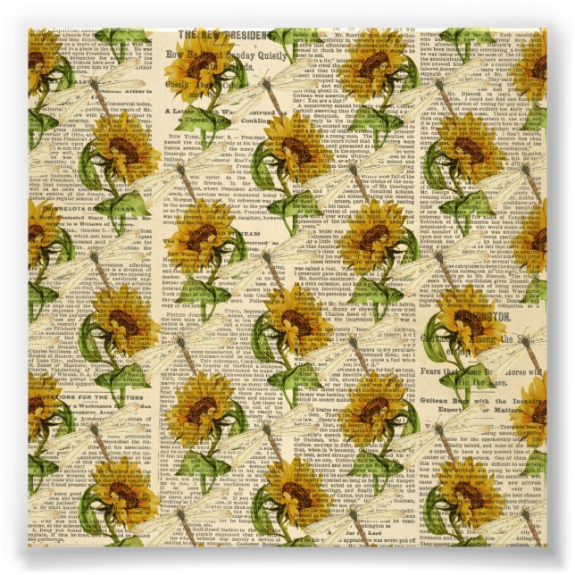 Sunflowers Dragonflies Old Newspaper Country Style Photo Print (Front)