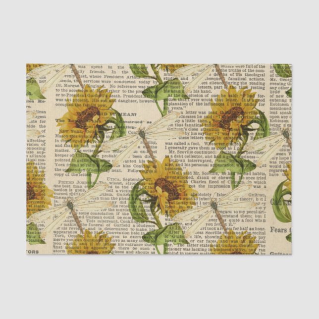 Sunflowers Dragonflies Old Newspaper Country Style Tissue Paper (Front)
