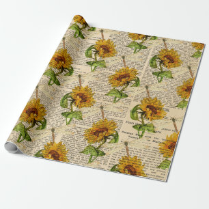 Sunflowers Dragonflies Old Newspaper Country Style Wrapping Paper