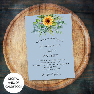Sunflowers dusty blue eucalyptus greenery wedding invitation