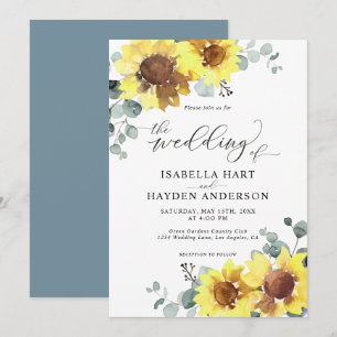 Sunflowers Dusty Blue Floral Eucalyptus Wedding Invitation