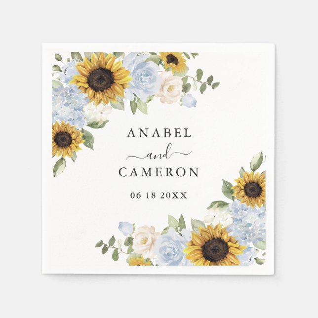 Sunflowers Dusty Blue Floral Greenery Personalised Napkin (Front)