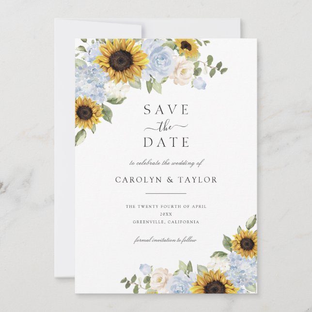 Sunflowers Dusty Blue Floral Rustic Save The Date Invitation (Front)