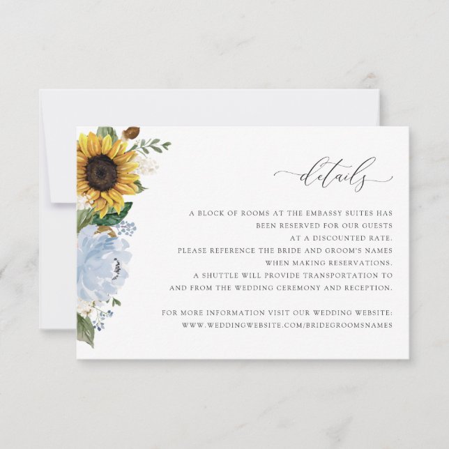 Sunflowers Dusty Blue Floral Wedding Details Card (Front)