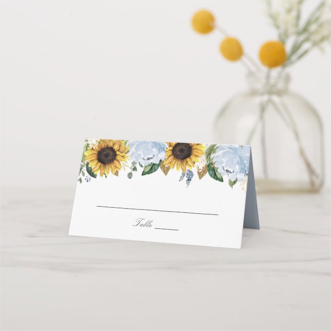 Sunflowers Dusty Blue Flowers Elegant Wedding Place Card (Front)