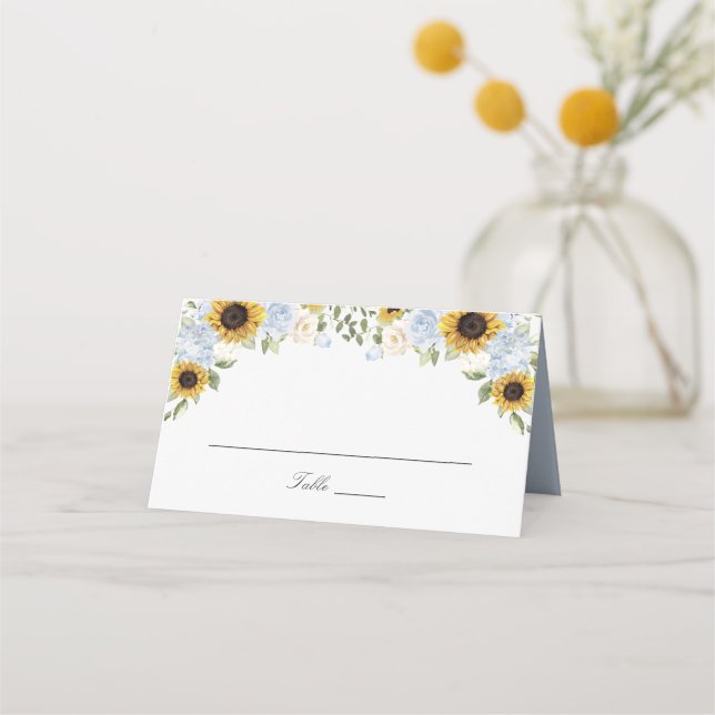 Sunflowers Dusty Blue Flowers Wedding Place Card (Front)