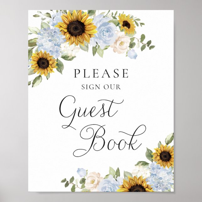 Sunflowers Dusty Blue Greenery Wedding Guest Book (Front)
