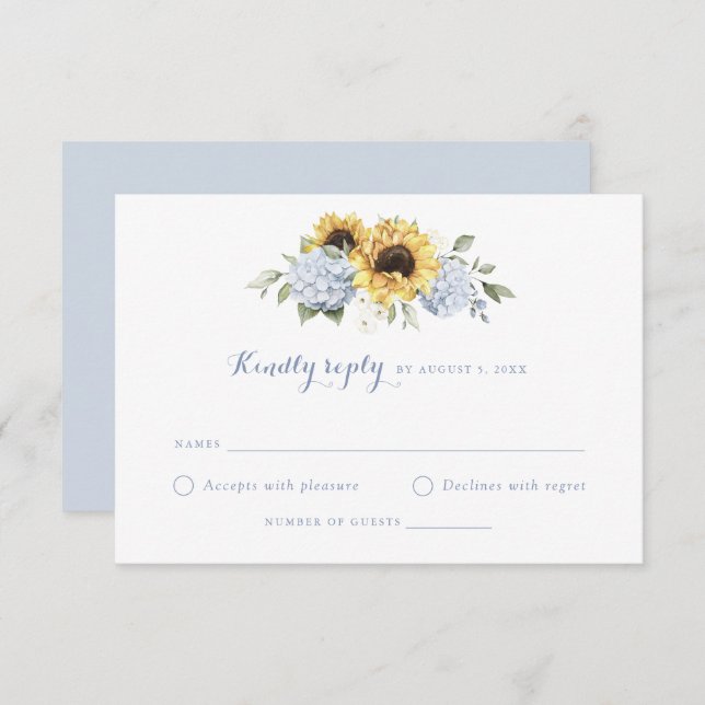 Sunflowers Dusty Blue Hydrangea Wedding RSVP Invitation (Front/Back)