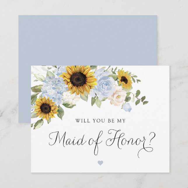 Sunflowers Dusty Blue Wedding Maid of Honour Card (Front/Back)