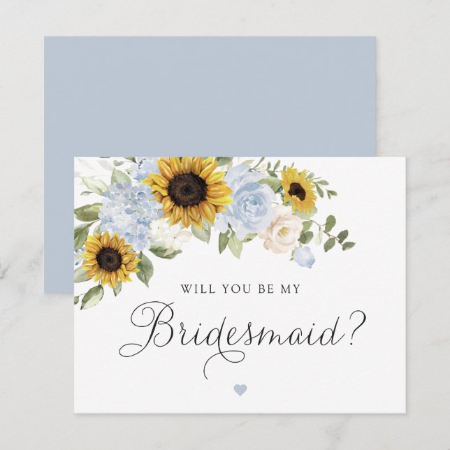 Sunflowers Dusty Blue Will You Be Bridesmaid Card (Front/Back)