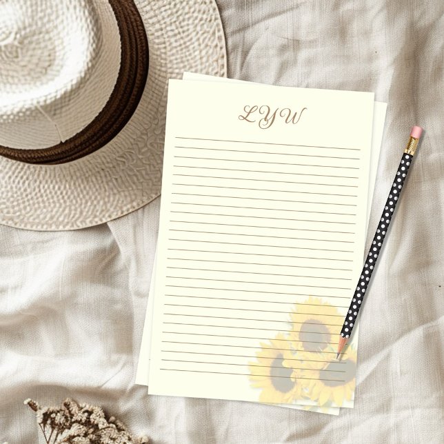 Sunflowers Ecru Lined Monogram Floral Stationery (Creator Uploaded)