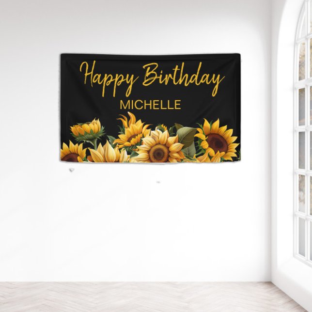 Sunflowers Elegant Black Happy Birthday Name Banner (Yellow sunflowers on black custom birthday party banner)