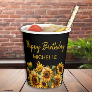 Sunflowers Elegant Black Happy Birthday Name Paper Cups